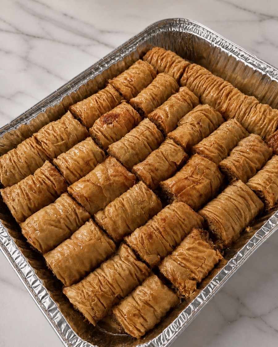 Tray of fresh baklava rolls