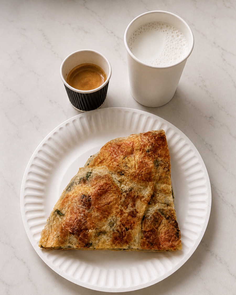 Burek slice served with coffee and ayran