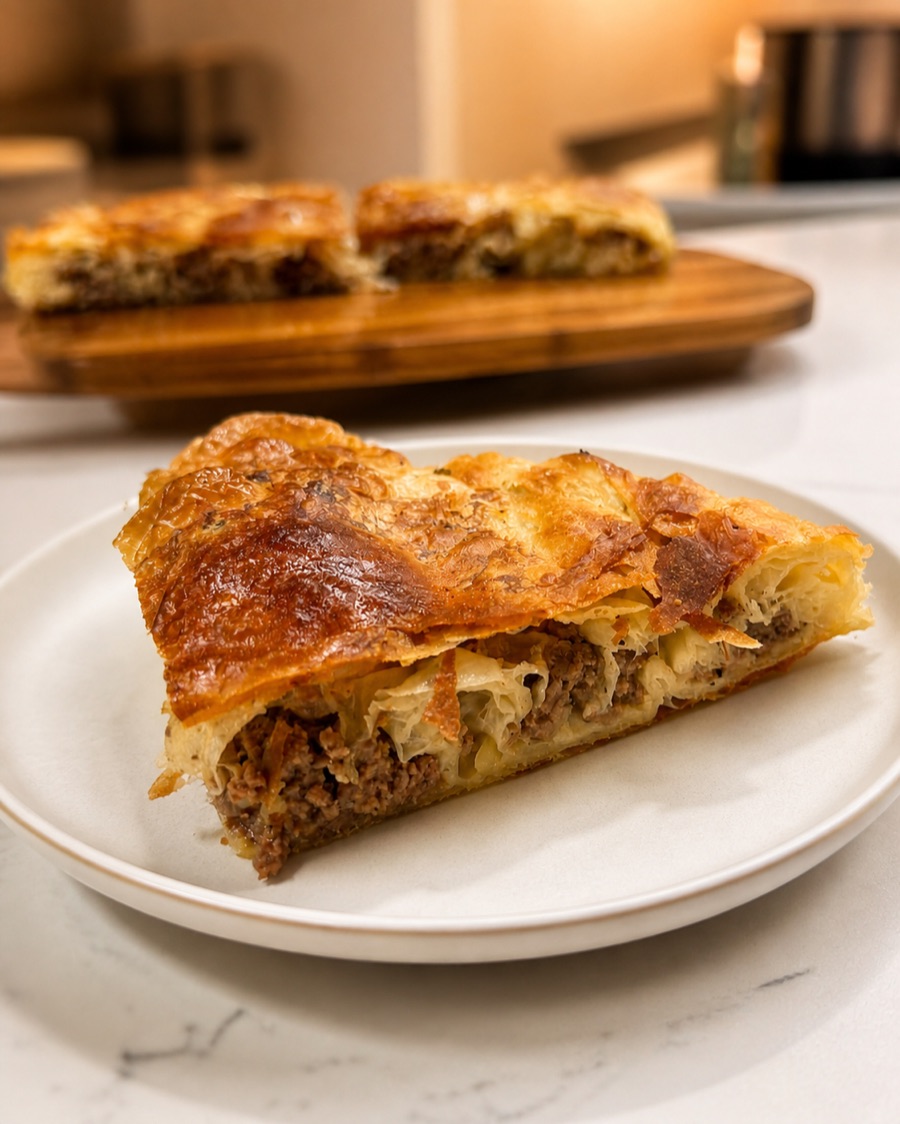 Fresh slice of burek with golden phyllo layers